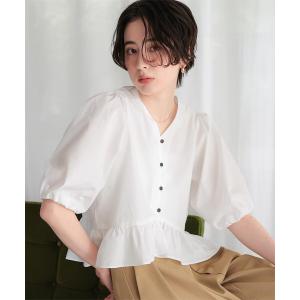 ブラウス シャツ ペプラムギャザーパフスリーブブラウス レディース