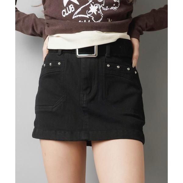 スカート ウエスタンムード高まるスタッズ×タイトシルエットの美脚ミニスカート/ベルト付き