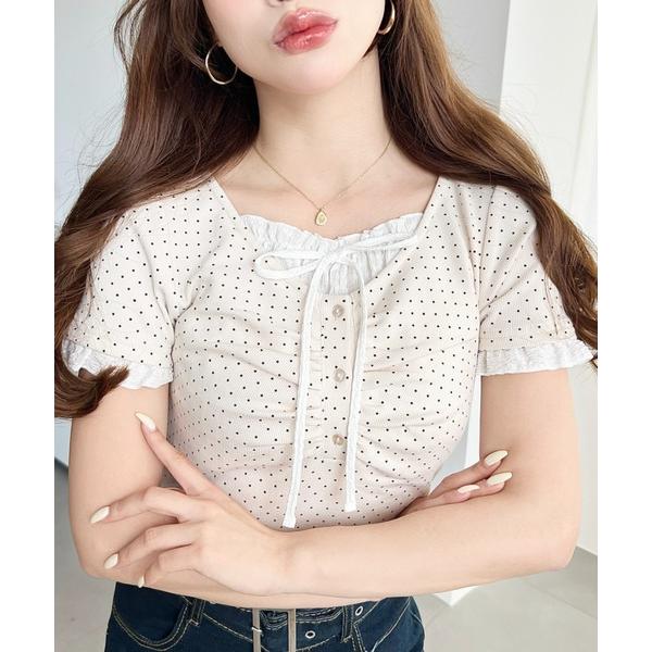 ヘンリーネック tシャツ 半袖 フロントギャザーレイヤード風ヘンリーネックリブカットソー半袖トップス...