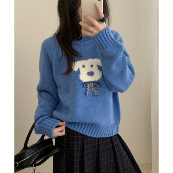 ニット セーター dog ribbon crew neck sweater レディース
