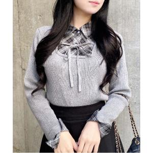 ニット セーター チェックシャツドッキングフロントリボンニット レディース