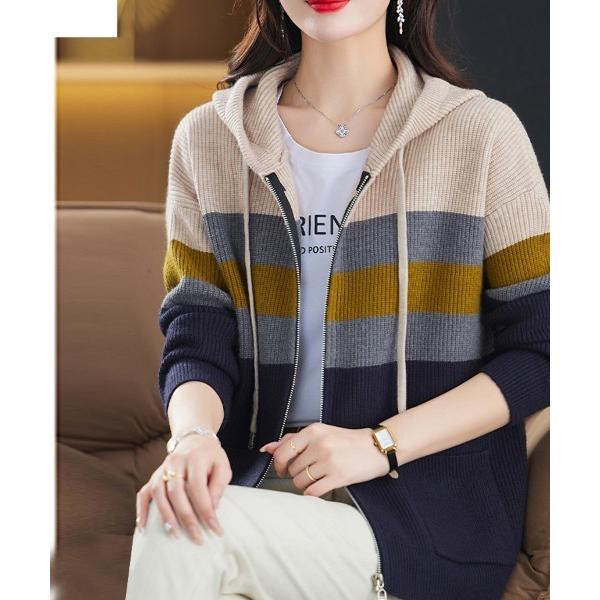 パーカー マルチボーダー柄ジップパーカー レディース