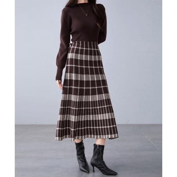 ワンピース リブトップ×チェック柄切替ワンピース