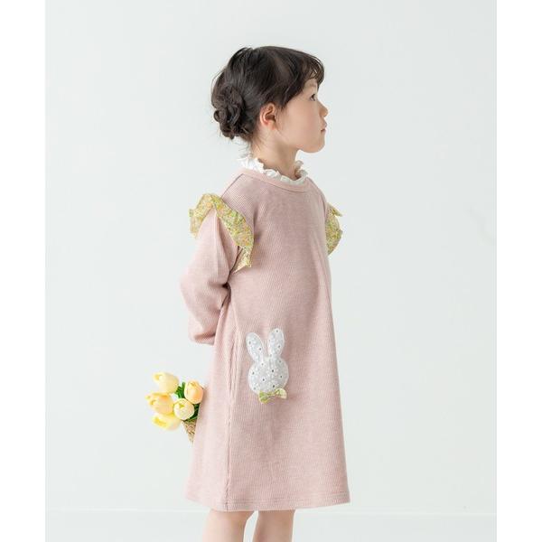 ワンピース レースうさぎアップリケ ワッフルワンピース キッズ 子供服 女の子