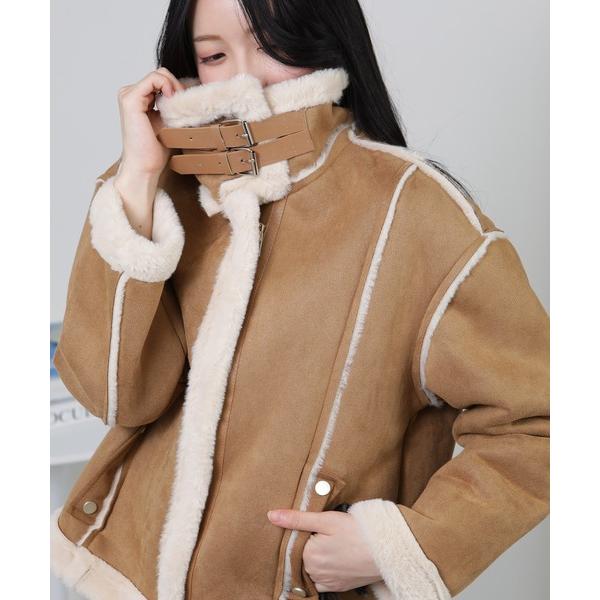 ブルゾン アウター Wベルト フェイクファームートンコート ブルゾン レディース