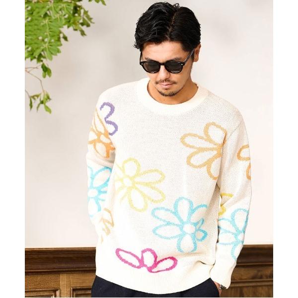 セーター ニット 「CavariA/キャバリア」フラワー柄ニットクルーネック メンズ