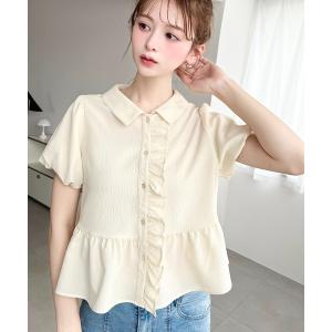 moment+ ブラウス シャツ 厚手シフォンキーネックラッフルフリル