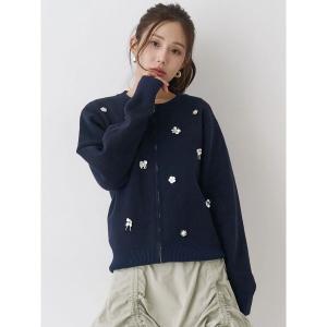 カーディガン フロントジップビジューニットカーディガン レディース