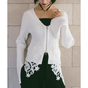 カーディガン Lace Hem Zip Cardigan/レースヘムジップカーディガン レディース