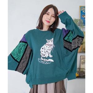 tシャツ 153782：ネコ柄ミニ裏毛×起毛レース配色プルオーバー レディース