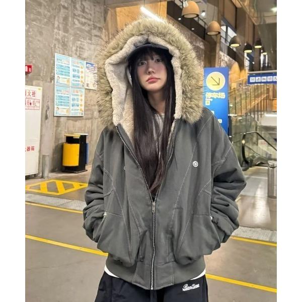 ブルゾン アウター フード付きステッチボアブルゾン レディース