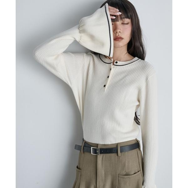 ニット セーター 「前後2way」コントラストラインフレアカフヘンリーネックリブニットトップス レデ...