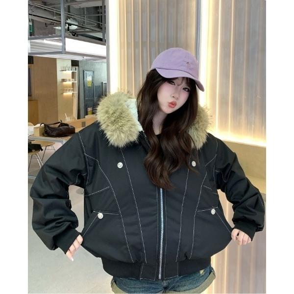 ブルゾン アウター 韓国カジュアル ショート丈 ファーフード中綿アウター レディース メンズ