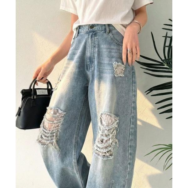 ジーンズ デニム デニムパンツ レースにキュン！ラフに攻めて。綿100％ レース付きダメージデニムカ...