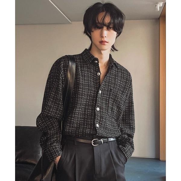 シャツ 「NOWLE」ツイードライク 織りチェック柄 長袖 シックボタン シャツ メンズ