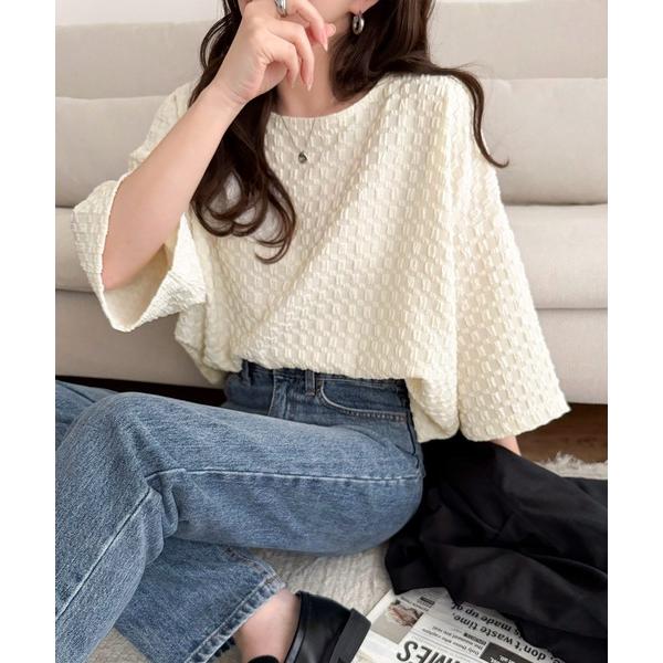 tシャツ 凹凸がコーデを上品に彩る♪前後差フクレジャガードドロストプルオーバー (半袖) レディース