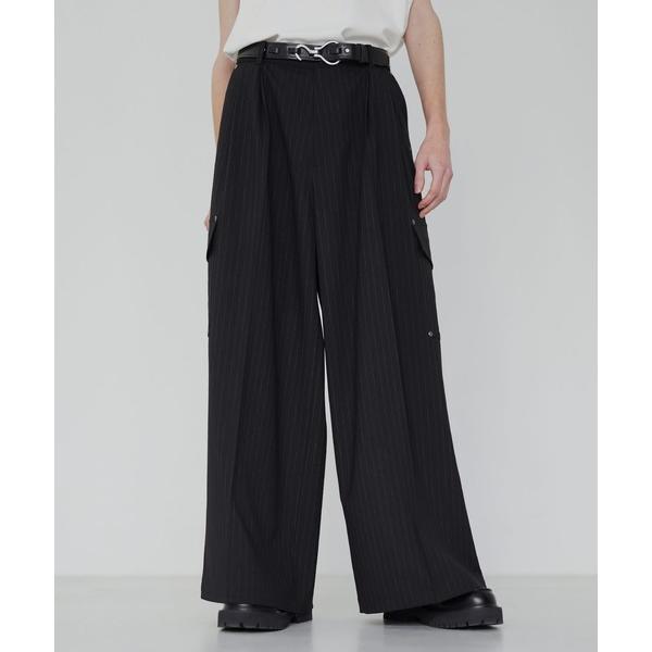 スラックス ウールライクピンストライプ2タックセンタープレスリベットカーゴスラックス「セットアップ対...