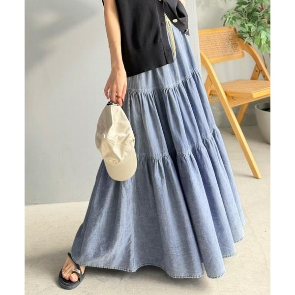 デニムスカート ヴィンテージ感漂う。綿100％ シワ加工デニムティアードスカート
