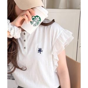 ヘンリーネック tシャツ 半袖 「mily bilet」ふわっと華やか、でも凛と。胸刺繍袖フリルコンパクトヘンリーネックTシャツ（半袖） レディース