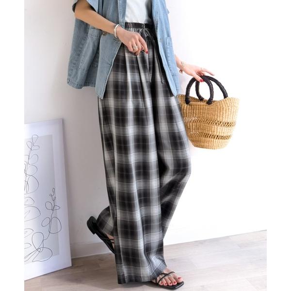 パンツ リラクシーなニュアンスたっぷり！オンブレチェック柄ワイドイージーパンツ レディース
