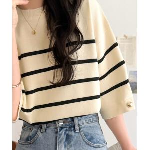 tシャツ 半袖 秋を先取り袖きらり、きちんと魅せる。ゴールドボタン使い袖タックミラノリブトップス（半袖） レディース