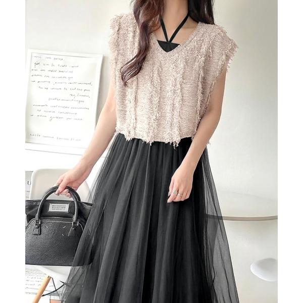 ワンピース ヘルシーな肌見せで、あざと魅せ。フリンジニット×フレアーチュールワンピースセット（セット...