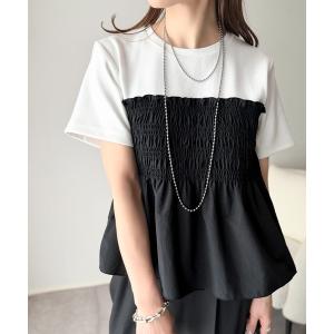 tシャツ 華やぎシャーリングで目を奪う。シャーリングドッキング半袖プルオーバー レディース