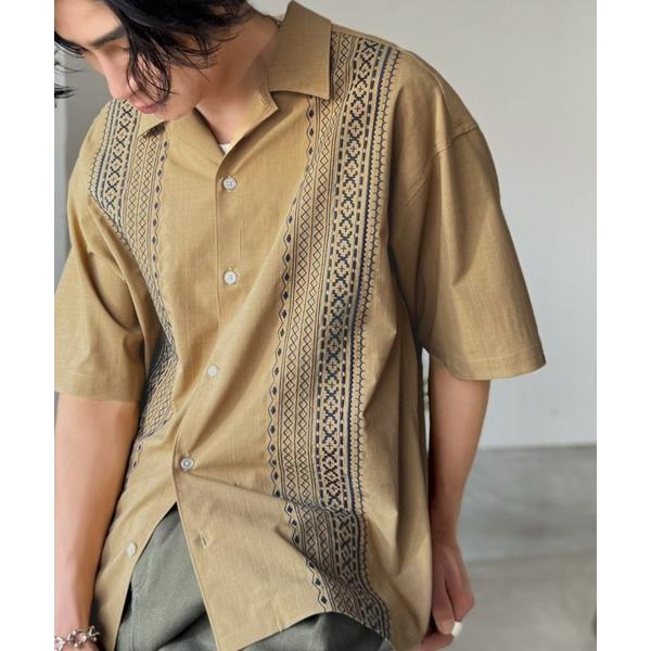 シャツ 「JaVaジャバコラボ」周りと差がつく総刺繍！リラックスシルエット 清涼リネンライク素材 オ...