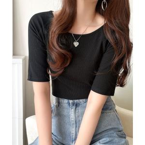 tシャツ 半袖 華奢見え確約！ちょうどいい女っぽさ。クルーネックラグランリブトップス(5分袖） レディース