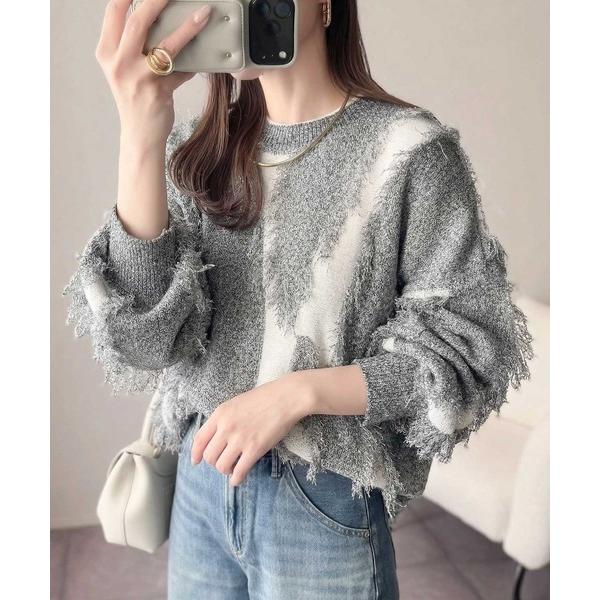 ニット セーター コーデの主役級！華やぐフリンジ配色ジャガードオーバーサイズスプリングニット（長袖）...