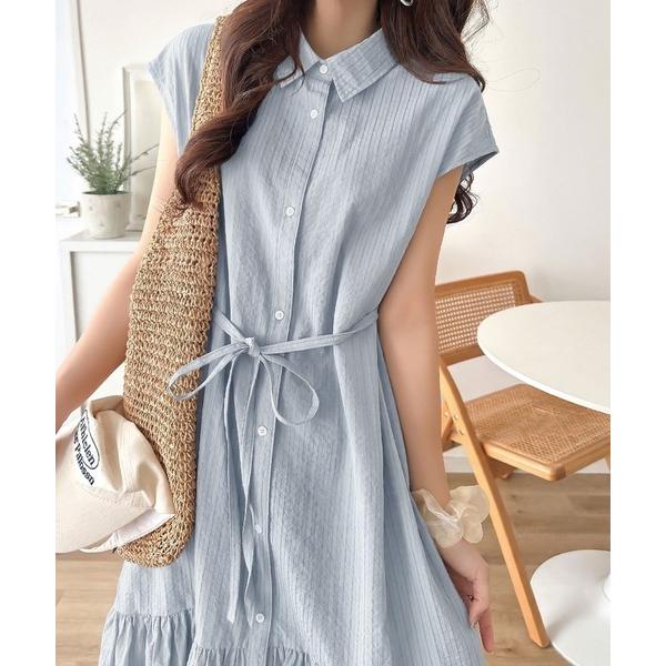 ワンピース 清涼感のある素材で軽やかにスタイルアップ♪フレンチスリーブ裾フリルシャツワンピース