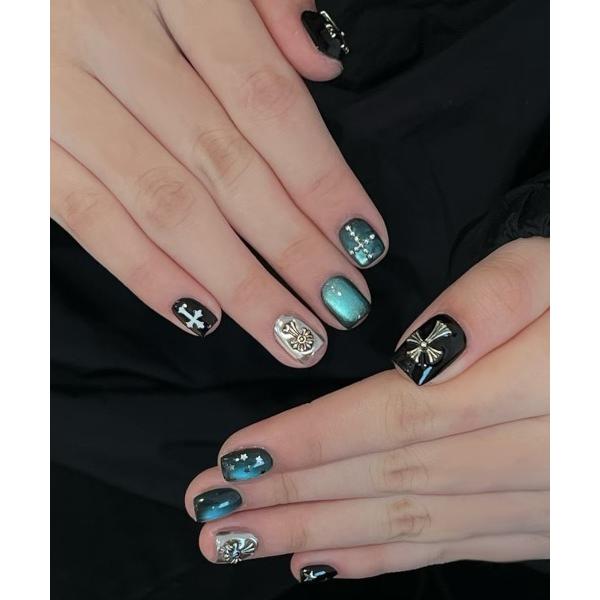 ネイルチップ ネイルシール 「Bz」クロスモチーフ ブルーマグネットネイル風 ネイルチップ ショート...