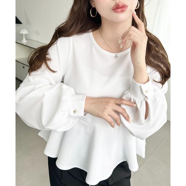 tシャツ しわになりにくい長袖ストレッチジョーゼットペプラムTブラウス レディース