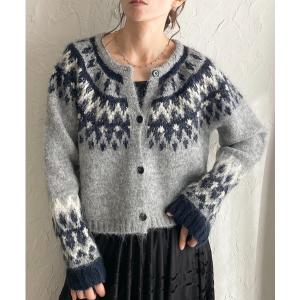 カーディガン ノルディック柄求心ジャガードショート丈ニットカーディガン レディース