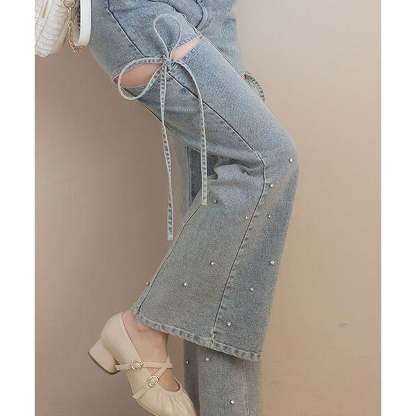 ジーンズ デニム デニムパンツ スリットビジューフレアデニムパンツ レディース