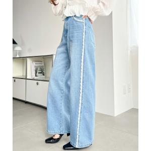 ジーンズ デニム デニムパンツ サイドレーストリミングストレートパンツ レディース
