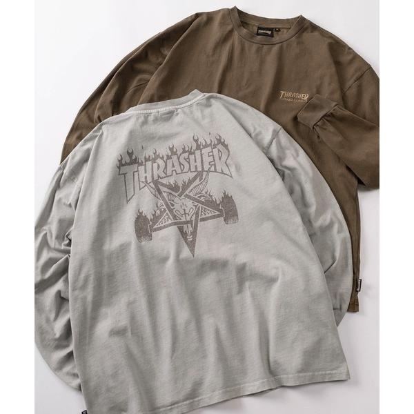 tシャツ 「70」「THRASHER/スラッシャー」ピグメント加工 ワンポイント刺繍 袖フレイム バ...