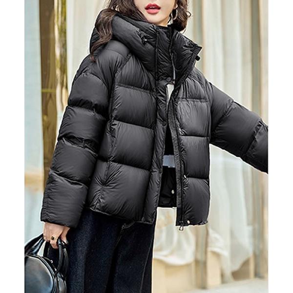 ダウンコート ダウンジャケット ドローコードフード付きふんわり中綿ダウンジャケット レディース