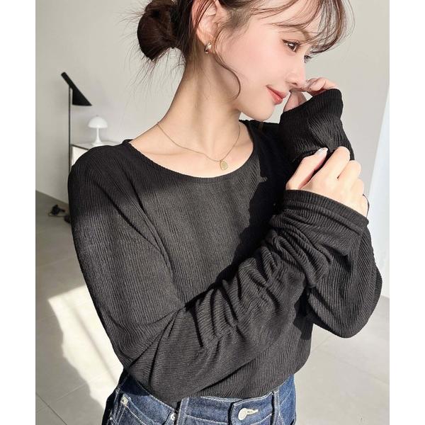 tシャツ クルーネック袖ギャザー長袖シアークレープトップス レディース