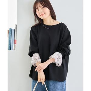tシャツ 「洗える」袖レース配色ポンチプルオーバー レディース