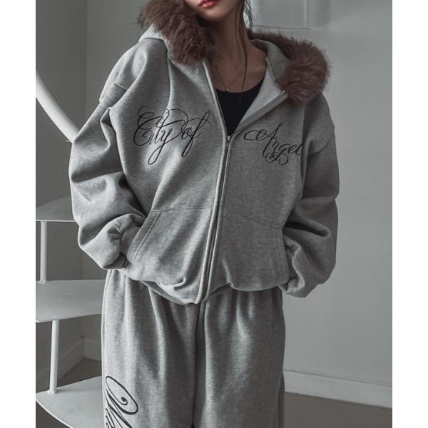 パーカー ファーフードロゴパーカー レディース