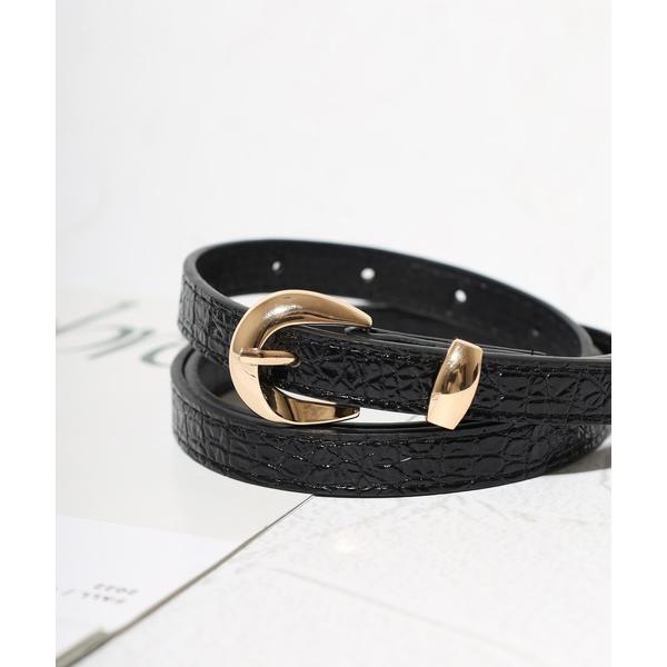 ベルト ゴールドバックル　クロコ調スリムベルト レディース メンズ