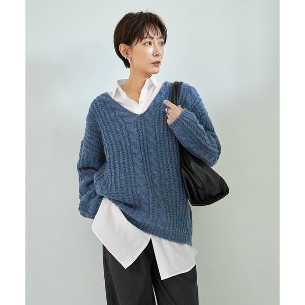 ニット セーター ざっくりケーブル編みVネックニット レディース