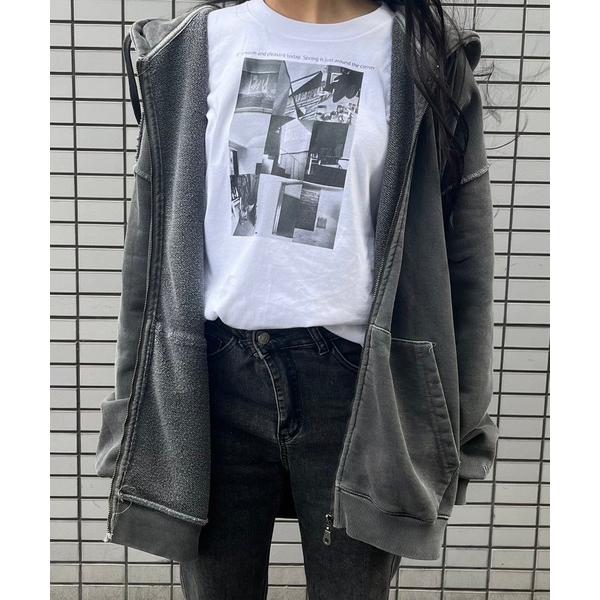 tシャツ 白黒プリントデザインロンT／長袖Tシャツ レディース