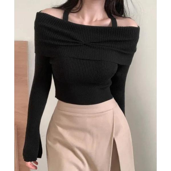 ニット セーター オフショル風ツイストリブニット レディース