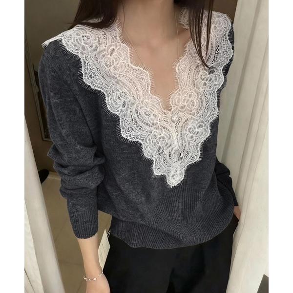 ニット セーター レース付きVネックニット レディース