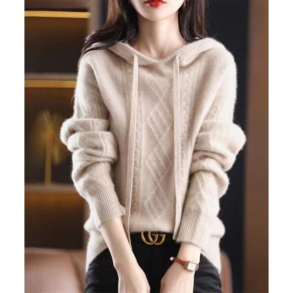 ニット セーター ケーブル編み×ダイヤ柄ニットパーカー レディース