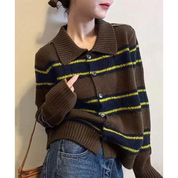 カーディガン 配色ボーダーニットカーディガン レディース