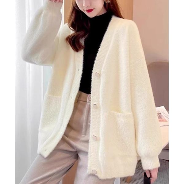 カーディガン ふわふわ素材のVネックカーディガン レディース