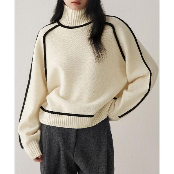 ニット セーター 配色ラインハイネックニット レディース